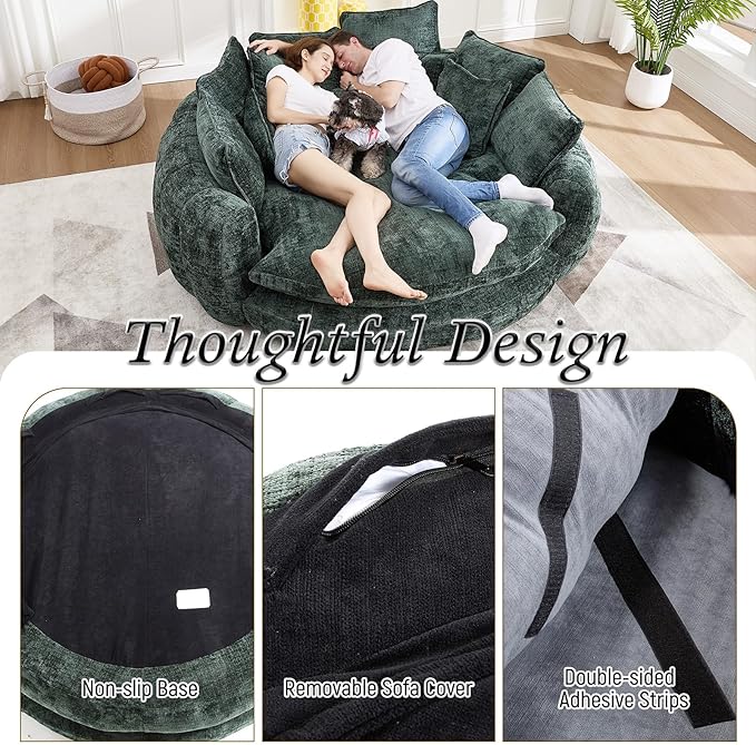 Oversized Sleeper Sofa Bed 81'' Round Chaise Lounge Chair Indoor Modern Chenille Boneless Couch Loveseat Plush Couch Cloud Couches Comfy Bean Bag Chair for Living Room Apartment (Emerald)