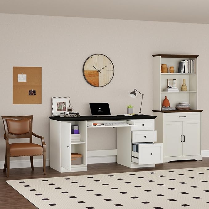 60.5 Executive Office Desk Classic Computer Desk with File Drawer Keyboard Tray Cabinet Storage Farmhouse Wood Writing Desk for Home Office or Study White with Black Desktop