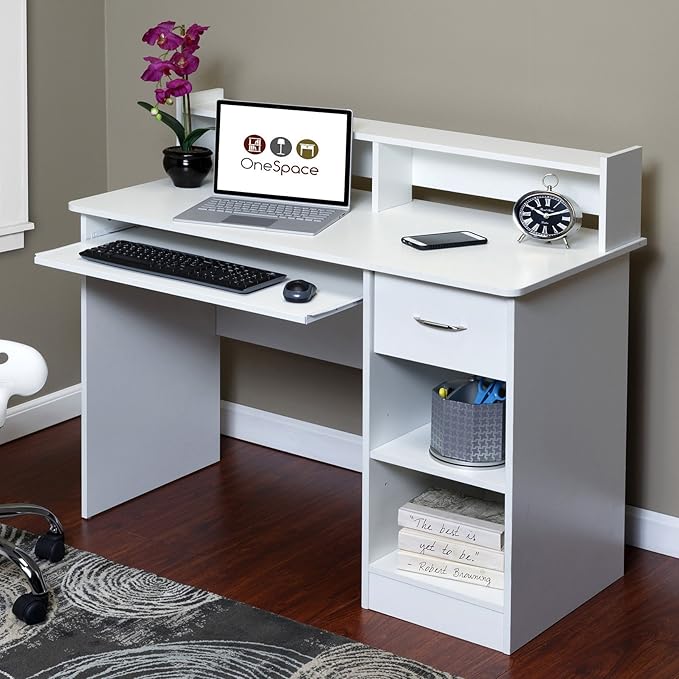 OneSpace Essential Computer Desk Hutch with Pull-Out Keyboard White