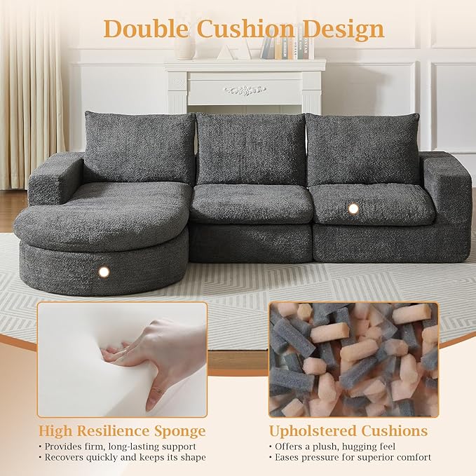 99 Modular Sectional Sofa Cloud Sectional Couch with Neck Pillow &amp Deep Seat Chenille Boneless Couches with L-Shape Chaise for Living RoomNo Assembly Required Grey