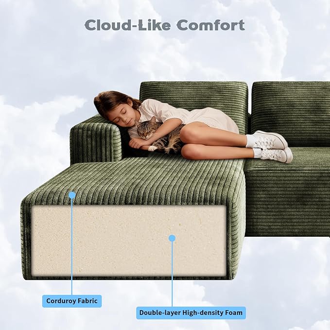 106 Corduroy Sectional Couch Boneless L Shaped Couch with Deep Seat Cloud Foam Sofa with Oversized Chaise Sectional Sofa No Assembly Needed for Living Room