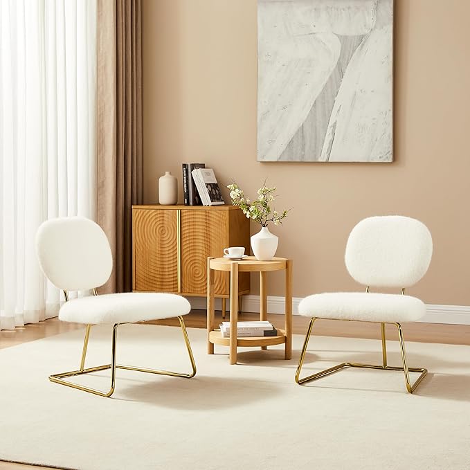 Zouron Living Room Chairs Set of 2 Fabric Armless Accent Chairs Upholstered Slipper Chairs for Bedroom Study Nursery White