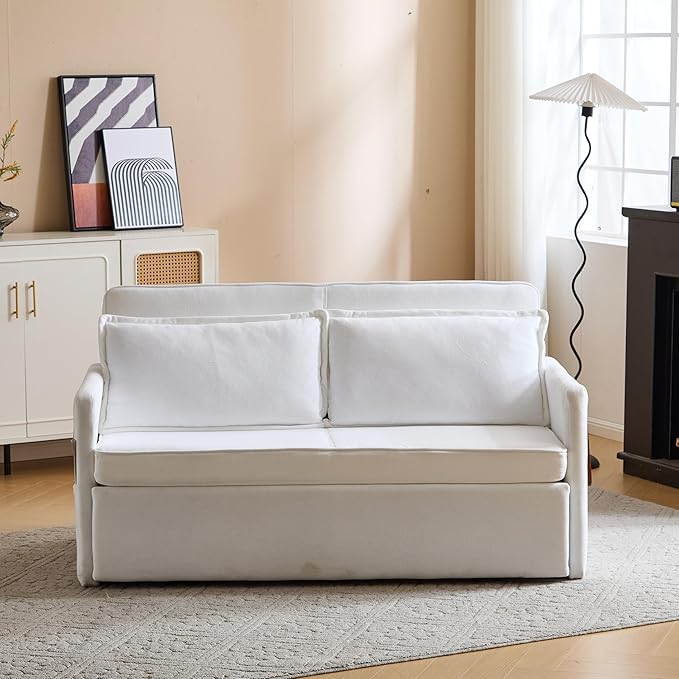 Livavege 59.45 Convertible Sofa Bed Velvet Futon Sleeper Sofa Loveseat with Pull-Out Couch Bed Foldable Tabletop USB &amp Type C Ports Recliner Sofabed for Living Room Bedroom Apartment White