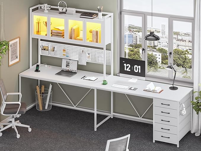 SEDETA L Shaped Gaming Desk with Drawers L Shaped Computer Desk with Hutch and Storage Shelves Gaming Desk with Pegboard Led Lights and Power Outlet Home Office Desk Corner Desk White