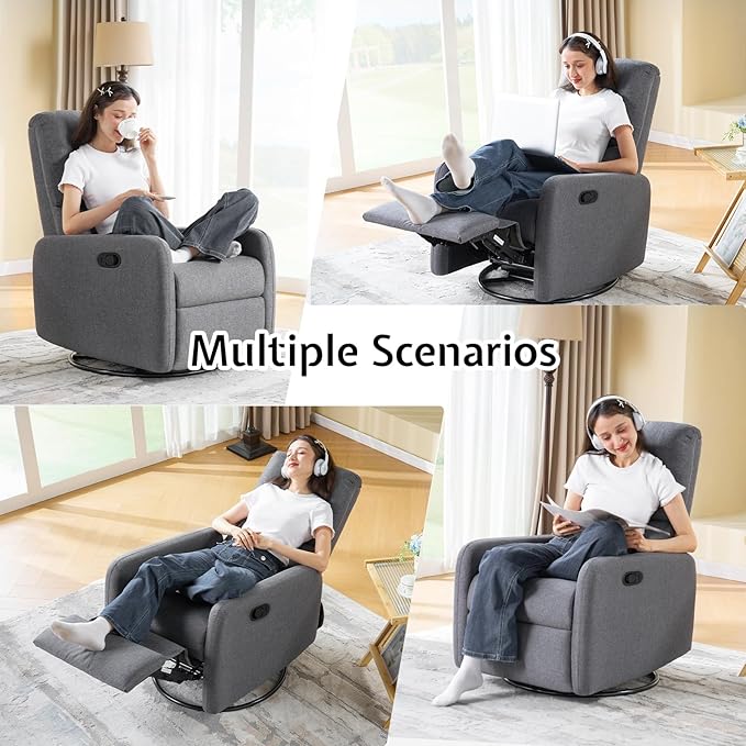 Jocisland Swivel Rocking Chair Nursery Glider Recliner Chairs for Adults Rocker for Living Room Bedroom Comfy Upholstered Modern Nursing Reclining Single Sofa Grey Linen (No Side Pockets)