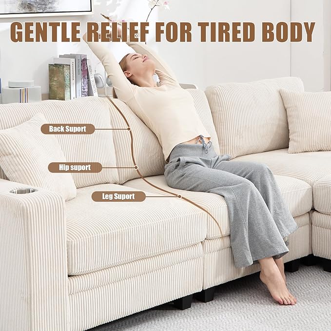 Modular Sectional Sofa Corduroy 6-Seater Corner Couch with Ottoman Chaise Convertible L-Shaped U-Shaped Sofa Sectional Couches for Living Room Apartment Beige