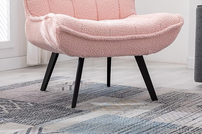 Modern Soft Teddy Fabric Material Large Width Accent Chair Leisure Chair Armchair TV Chair Bedroom Chair with Ottoman Black Legs for Indoor Home and Living RoomPink