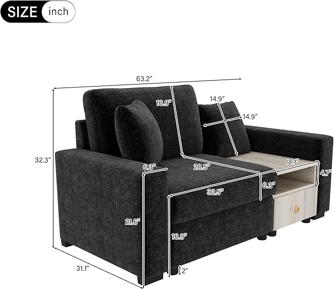 Christopher Knight Home Onvi 63.2'' Lounge Sofa Couch with Storage Armrest and Center Console Chenille Upholstered Home Sofa Living Room 1 Seater Sofa with Removable Plush Pillows Black