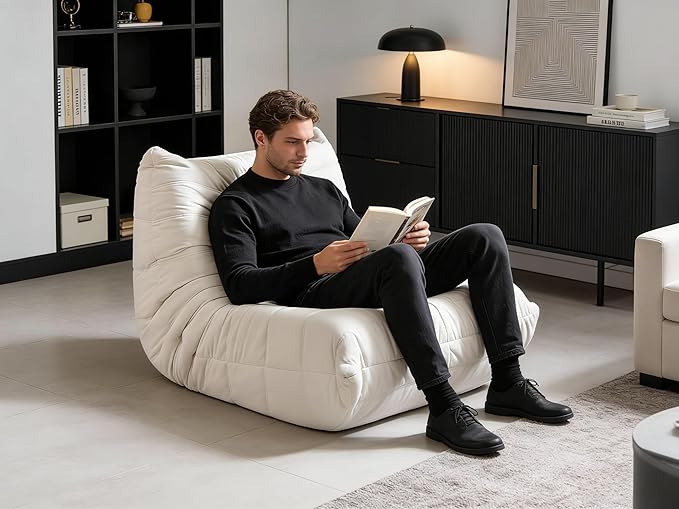Bean Bag Chair - Memory Foam Bean Bag Chair for Adults Comfy High-Resilience Single Sofa Small Space Floor Chair Chaise Lounge for Living Room Bedroom (Beige Wrinkles)