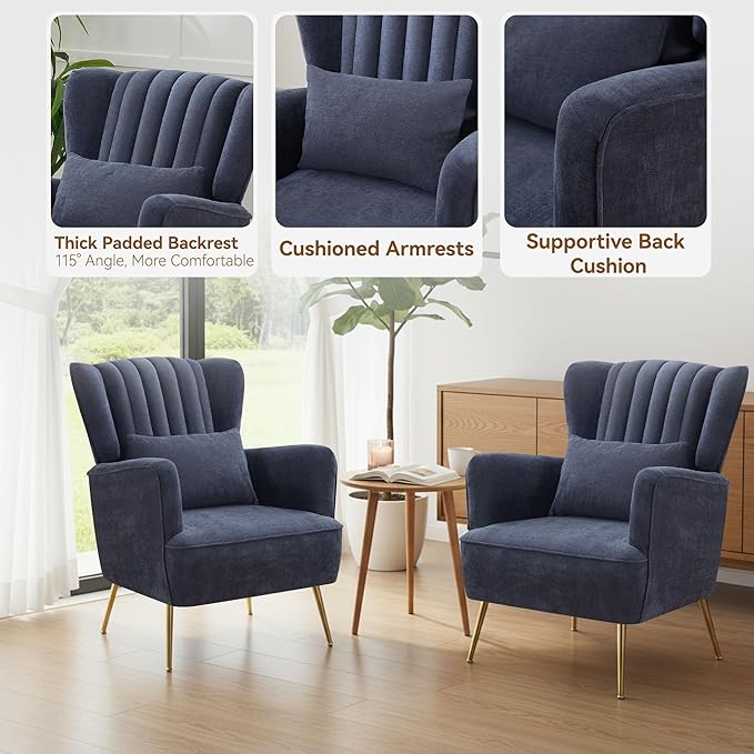 Chenille Accent Chair Set of 2 with Lumbar Pillow Modern Wingback Chair for living room with Metal Legs Upholstered Arm Chair with Thick Cushion Reading Chairs for bedroom Comfy Sofa Chair Blue