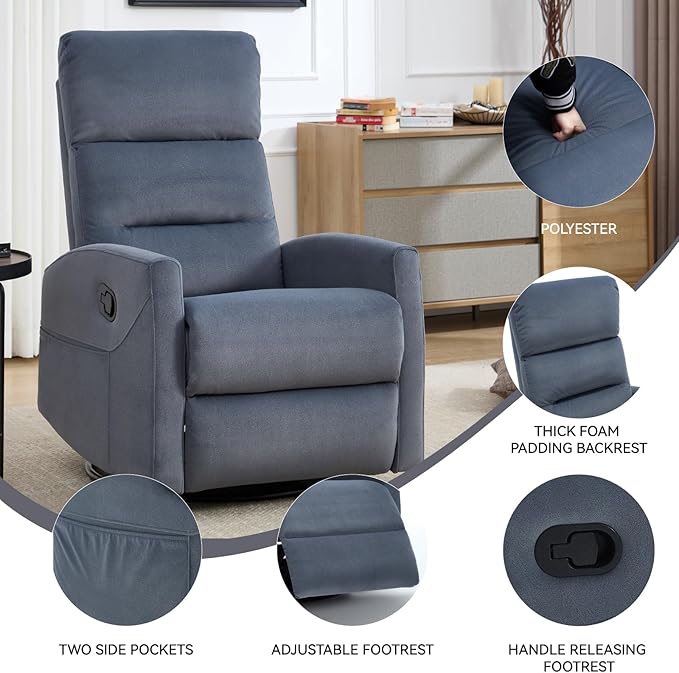 Swivel Rocker Recliner Chair for Adults Rocking Recliner Chair Rocker Nursery Glider ChairRecliners for Small Spaces Manual Recliner Single Sofa for Living Room Nursery (Blue Grey)