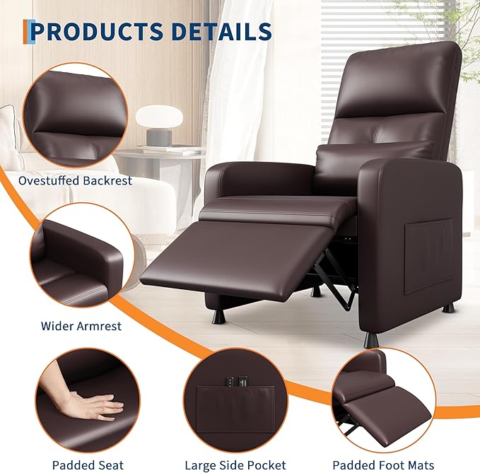 GarveeHome Power Recliner Chair - Heat and Massage Adjustable Electric Recliner Ergonomic PU Leather Single Sofa Tall Back Padded Seat Home Theater Seating for Living Room