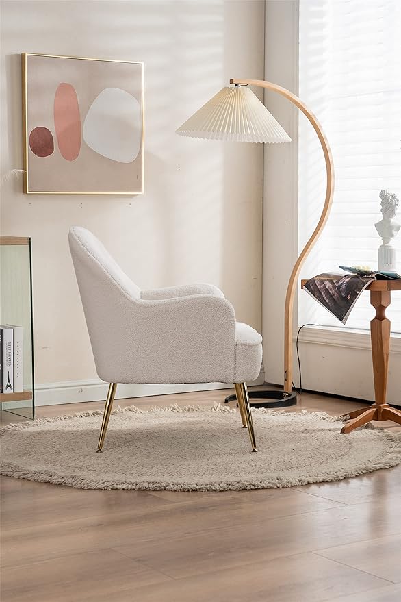 Modern Soft Green Teddy Fabric White Ergonomics Accent Chair Living Room Chair Bedroom Chair Home Chair with Gold Legs and Adjustable Legs Family Room Sofa Armchair Furniture for Indoor Home (White)