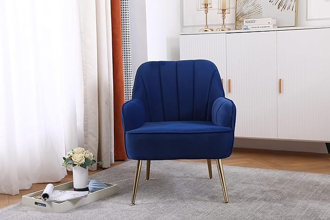 Modern Mid Century Chair Velvet Sherpa Armchair for Living Room Bedroom Office Easy Assemble(Navy)