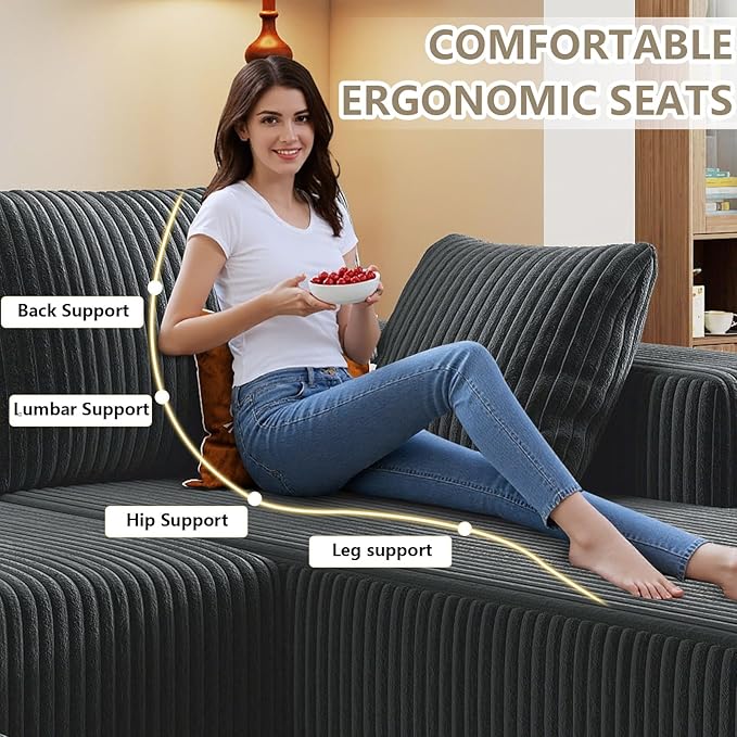 96 Cloud Sectional Couch with L-Shaped Chaise Modern Corduroy Sectionals Couches with Deep Seat Boneless Sofa 3 Seater for Living Room No Assembly Required (Dark Grey Right Facing Chaise)