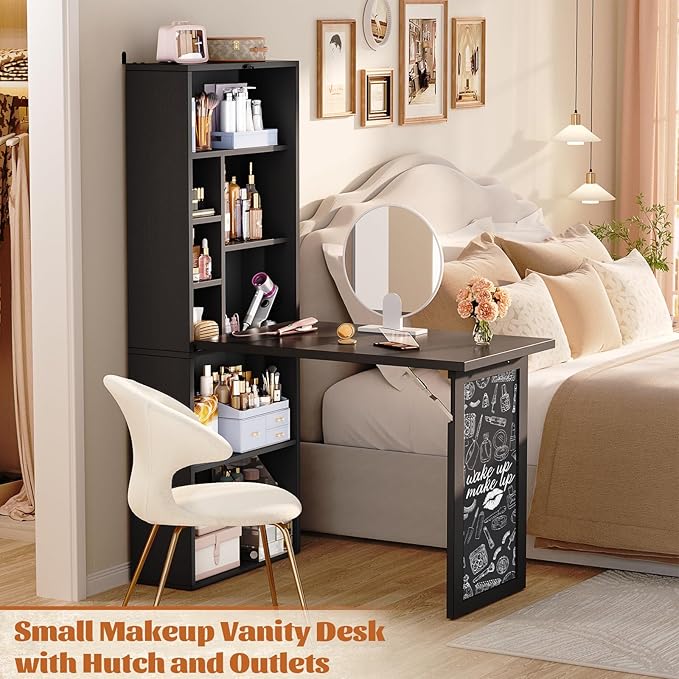 Armocity Small Folding Desk with Outlets Convertible Writing Desk for Small Spaces/Home Office/Craft Room Multi-Function Desk Workstation with Blackboard Fold-Out Cabinet Table Black