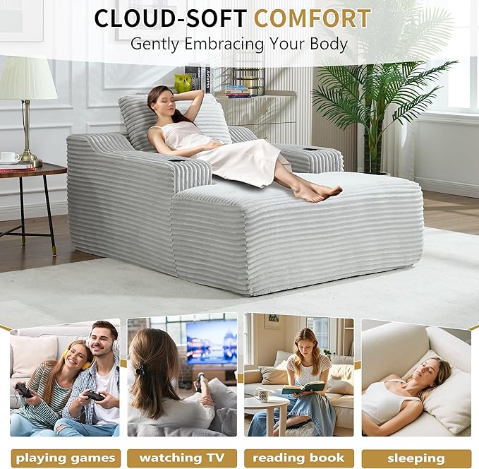 67inch Chaise Lounge Chair Indoor Upholstered Corduroy Couch with 2 PillowsComfy Fluffy Cloud CouchSingle Sleeper Sofa Chair for Livingroom (Light Gray 46.5W X 67D with Cup Holder)