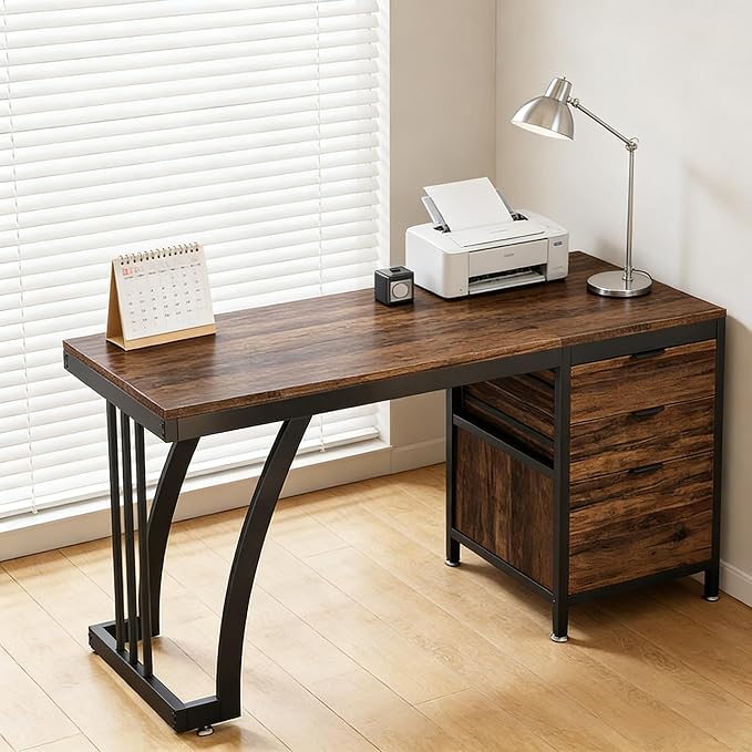 Computer Desk with 5 Drawers 47 Inch Reversible Executive Office Desk with File Storage Drawers Industrial Study Writing Table Corner Desk for Home Office (Black+Brown)