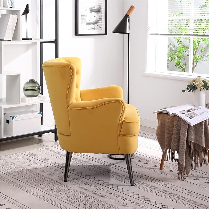 Living Room Chairs Button Tufted Accent Chairs Comfy Bedroom Chair Velvet Side Sitting Chairs Modern Fabric Sofa Slipper Chair for Reading Yellow