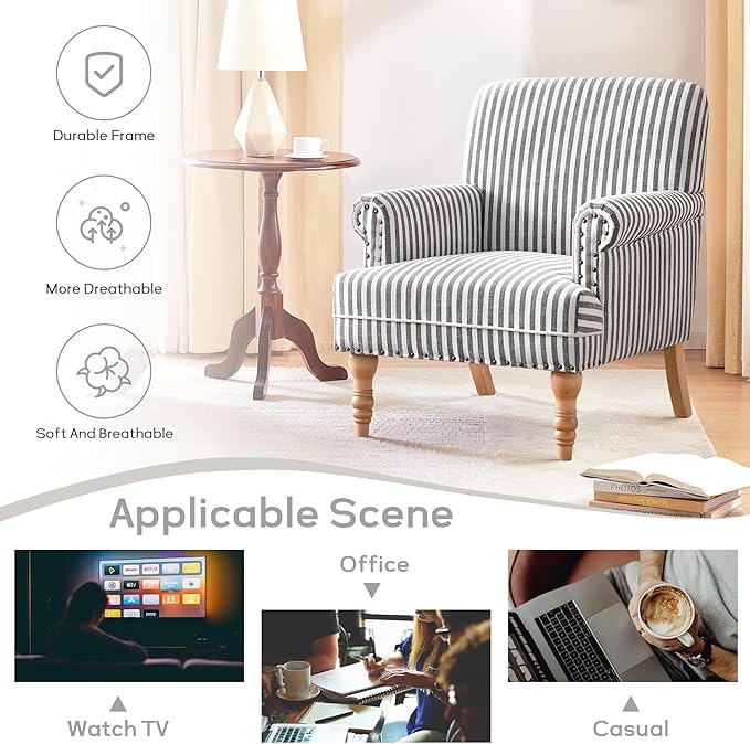 HUIMO Linen Fabric Accent Chair Mid-Century Modern Upholstered Armchair with Solid Wood Legs Comfy Reading Club Chair for Living Room Bedroom (2 Dark Grey and White Stripe)