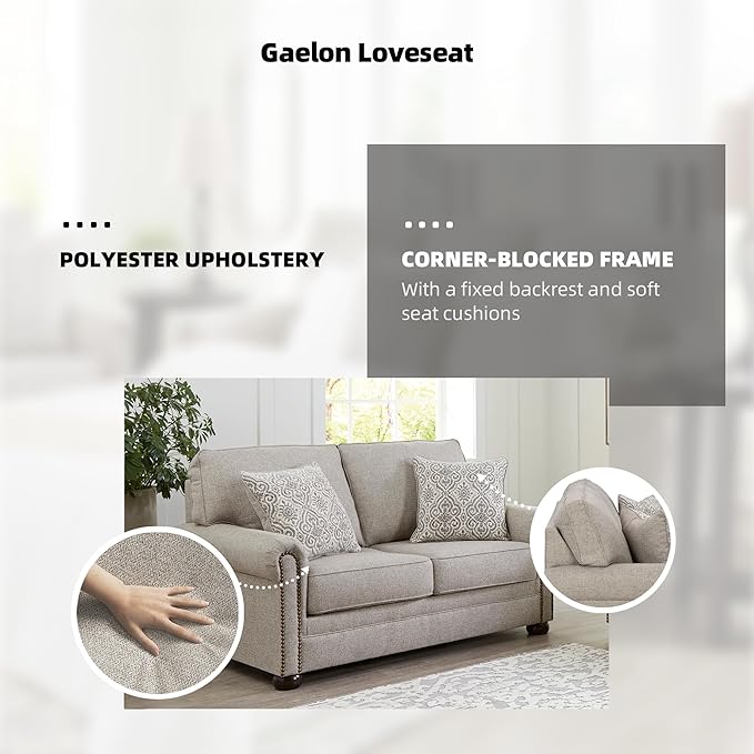 Signature Design by Ashley Gaelon Transitional Loveseat with Nailheads and 2 Accent Pillows Beige