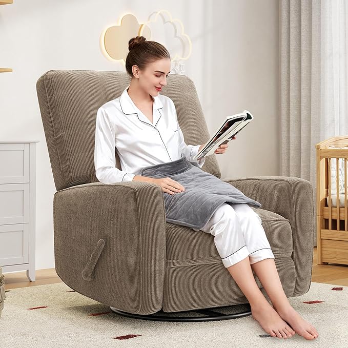 Recliner Chair 360° Swivel Rocking Glider Chair for Adults with Adjustable Backrest &amp Footrest Cozy Corduroy Upholstered Armchair for Living Rooms Bedrooms Apartments Brown Grey