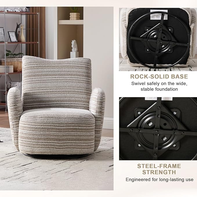 360° Swivel Accent Chair with Armrest Modern Striped Upholstered Lounge Chair Stable Round Base &amp Sturdy Metal Frame Armchair for Bedroom Living Room Office &amp Vanity (Khaki)