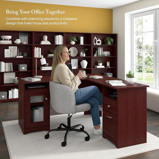 Bush Home Cabot 60W L Shaped Computer Desk with Storage in Harvest Cherry 60-inch Corner Table with Drawers for Home Office Workspace