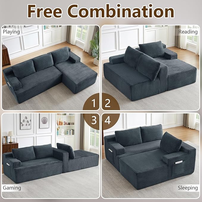 96 Cloud Sectional Sofa Boneless Couch for Living Room Modular Sectional Sofa with Deep Seat Fluffy Comfy Corduroy Couch with L-Shaped Chaise No Assembly Required (Grey Right Facing)