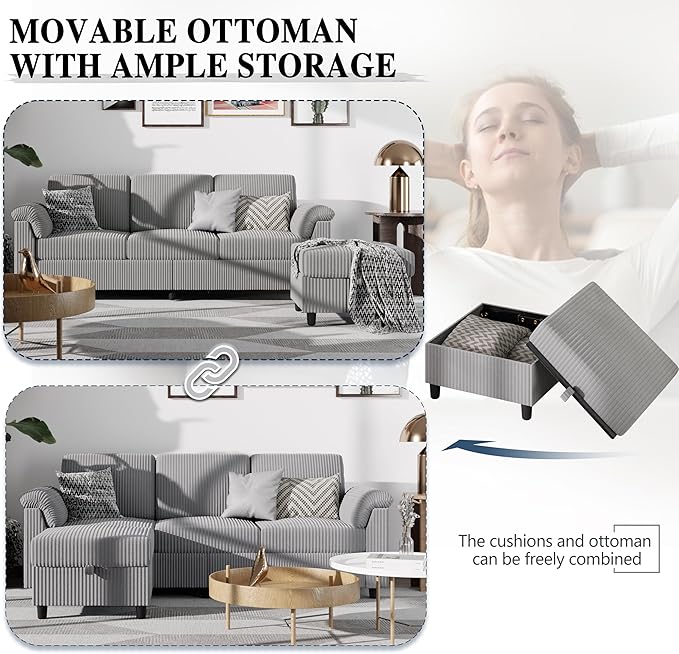 Meilocar Sectional Sofa Couch for Living Room 79 Sectional Couches with Storage Ottoman L Shaped Couch with Sloping Armrests 3-Seat Sofa Couches for Small Space Light Grey | Breathable Material