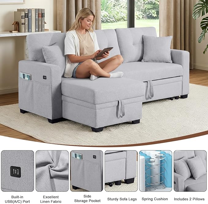 82 L Shaped Sleeper Sofa Bed: Sectional Sleeper Couch with Pull Out Bed Storage Chaise USB Charging 3 Seat Sectional Sofa Bed with Throw Pillow for Living Room (Linen Fabric Light Grey)