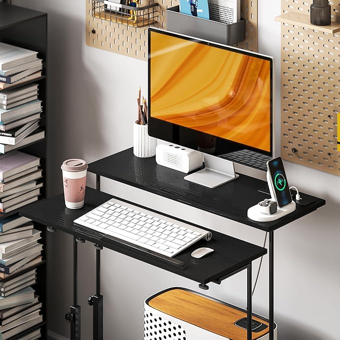 HOMCOM Height Adjustable Standing Desk with Power Outlets Stand Up Desk with Tiltable Tabletop Lockable Wheels Bottom Shelf Rolling Workstation for Home Office Black