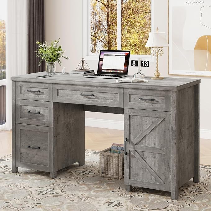 Farmhouse 61'' Executive Desk with 5 Drawers Rustic Office Desk Computer Desk with Charging Station File Drawers and Storage Cabinet Wood Workstation for Study and Home Office(Grey)