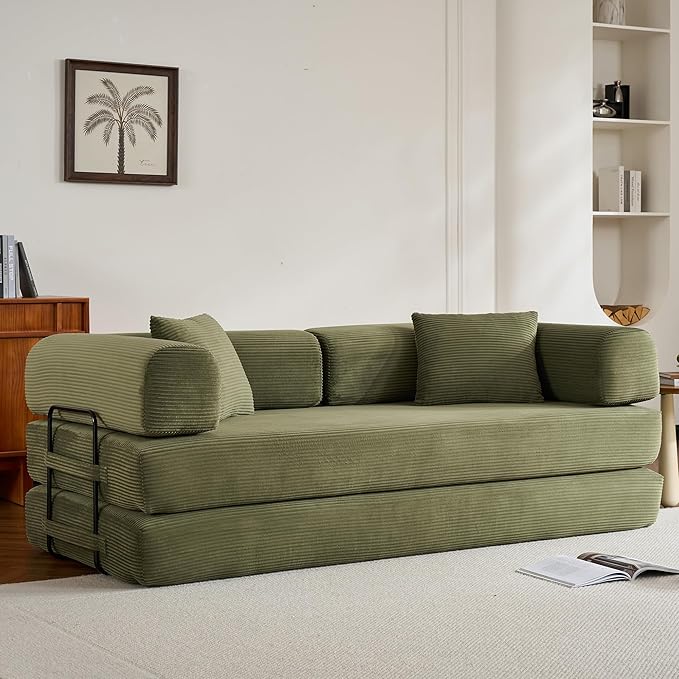 Convertible Sleeper Sofa Bed with Cylindrical Pillow Corduroy Folding Boneless Couch with Fixed-Shape Frame Comfy Floor Sofa Couch for Living Room No Assembly Required Green