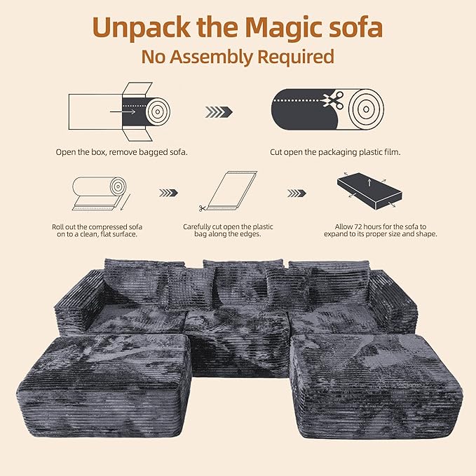 110 Modular Sectional Boneless Sofa with 2 Ottomans Corduroy U-Shaped Modular Sectional Sofa Convertible Cloud Couch with Deep Seats No Assembly Required (Grey 110 3Seat+2 0ttoman)