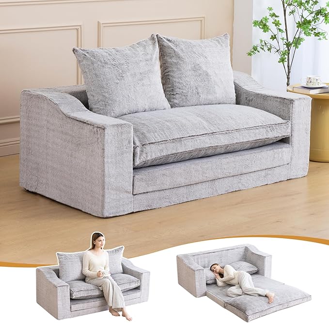 Loveseat Oversized Folding Sofa Bed Convertible Sleeper Chair Bed with Pillows &amp Wide Armrest Comfortable Floor Couch for Living Room &amp Bedroom(Fur Coffee) | Foldable
