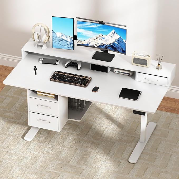 55x24 Inches Standing Desk with Drawers Electric Computer Desk with Open Storage Shelf Stand Up Desk Adjustable Height 28-46 Inches for Home and Computer Workstation White