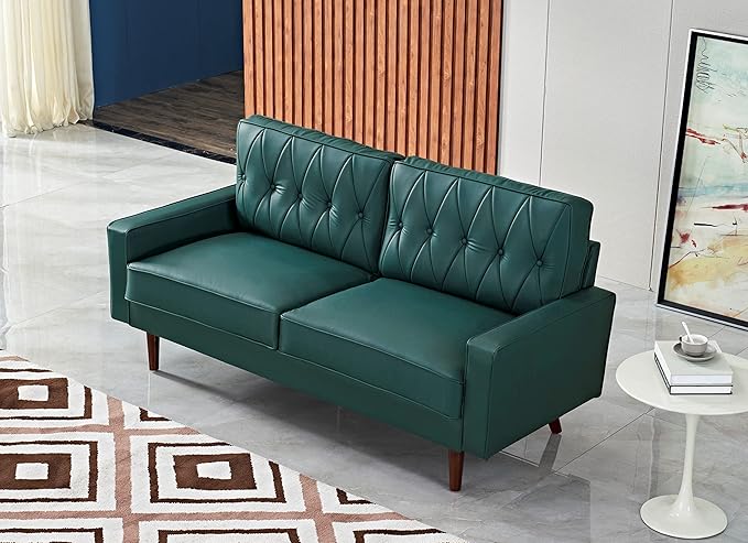 Container Furniture Modern Style Faux Leather Sofa with Elegant Round Tapered Legs and Button Tufted Backrest Perfect for Living Room Bedroom or Home Office 69.3’’ Wide Blue Green