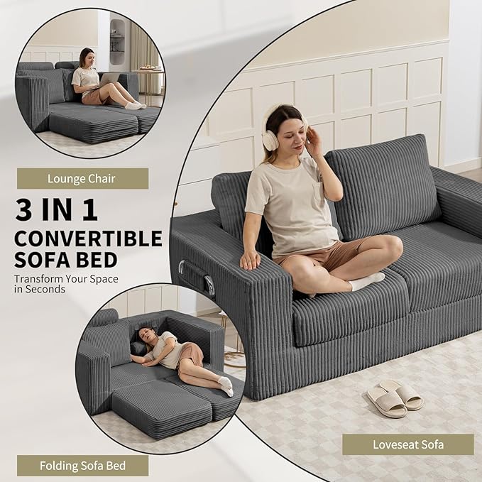 J.C.UP 69'' Convertible Sofa Bed Pull Out Loveseat Sleeper Sofa 2 Seater Boneless Folding Sofa Bed Floor Couch with Deep Seat Chaise Lounge for Living Room Bedroom No Assembly Required Gray