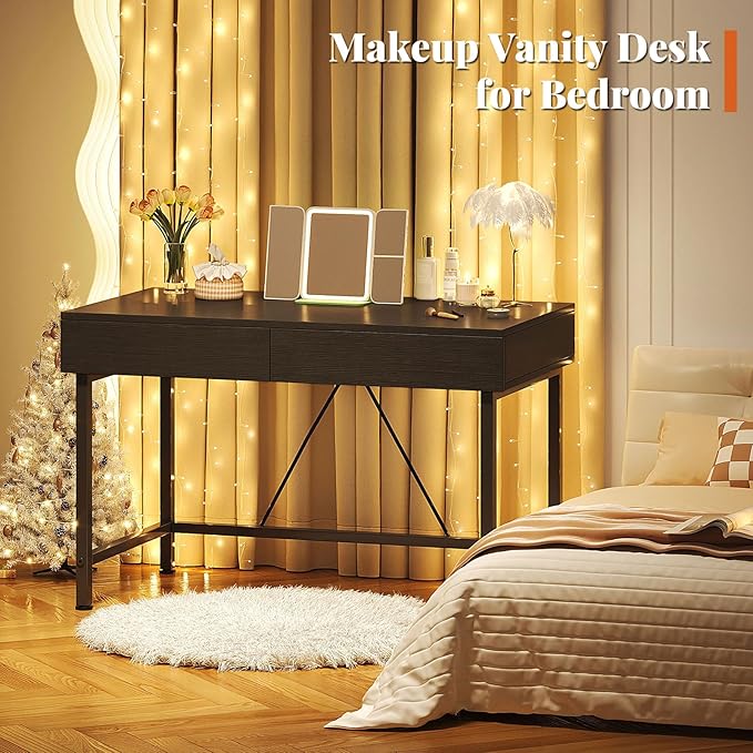 VERMESS Small Desk with Wood Drawers 40 Inch Computer Desk for Bedroom Vanity Makeup Desks Kids Desks for Small Space with Storage for Home Office Study Writing Simple Computer Table Black