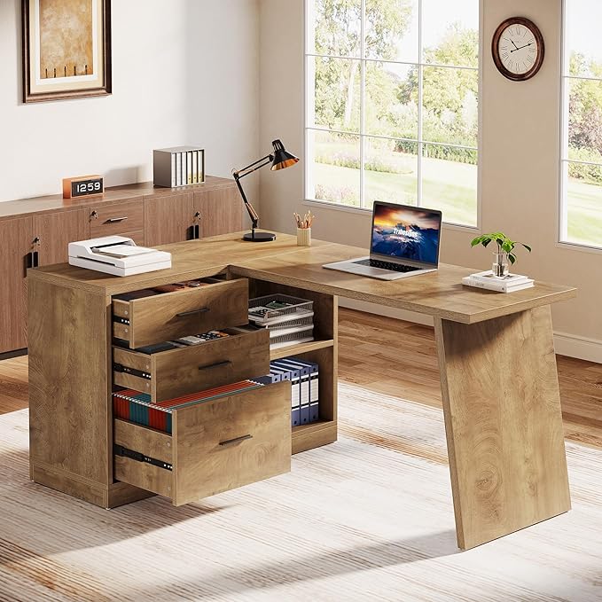 Tribesigns 55-Inch L Shaped Computer Desk with 3 Drawers Corner Home Office Desk with Storage Shelves Farmhouse Wood Executive Desk for Work Writing Sturdy Gaming Brown