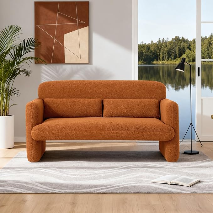 59.1 Boucle Modern Sofa Couch 2 Seater Sherpa Lamb Fabric Loveseat Comfy Upholstered Couch Leisure Lounge Sofa with 2 Waist Pillow for Bedroom Office and Living RoomOrange
