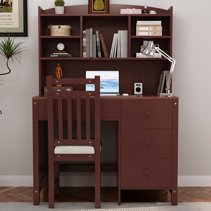 Wooden 40'' Home Office Desks with Bookshelf and Upholstered Chair Versatile Writing Desk Office Study Workstation with 4 Drawers and Storage Shelf for Office Study Room Bedrooms (Espresso-Wood)
