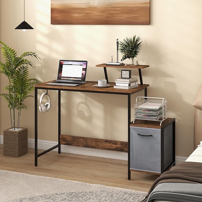 Tangkula Computer Desk with Charging Station Home Office Desk with Reversible Fabric Drawer Headphone Hook &amp Elevated Shelf Study Writing Table Industrial PC Workstation for Home