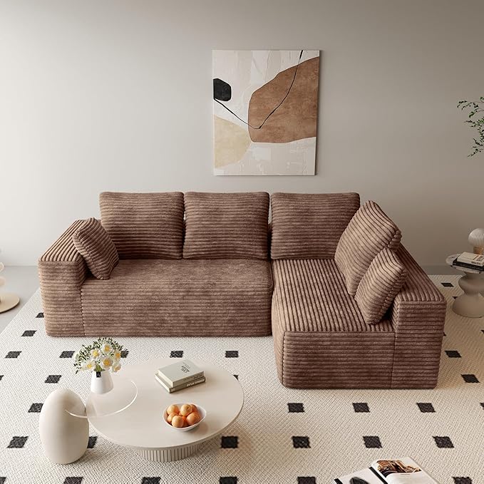 L Shaped Cloud Sectional Sofa Boneless Couch Sectional Couches for Living Room Modern Cozy Corduroy Deep Seat Sleeper Sofa No Assembly Required (Right Facing Chaise Brown)