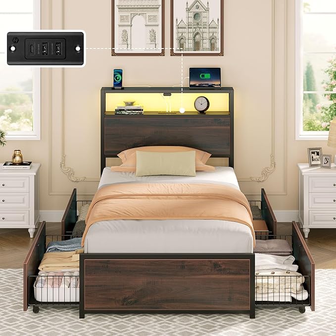 Rolanstar Twin Bed Frame with 4 Storage Drawers &amp 2-Tier Storage Headboard Metal Platform Bed Frame with Charging Station &amp LED Lights Noise-Free No Box Spring Needed Easy Assembly Espres