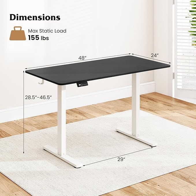 Giantex Electric Standing Desk 48 x 24 Height Adjustable Sit Stand Computer Workstation with 2 Memory Heights Headphone Hook Anti-Collision Design Home Office Computer Desk (Black+White)
