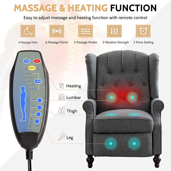 BINGTOO Push Back Recliner Chair with Massage and Heat Mid Century Tufted Fabric Wingback Chair with Rivet Decoration for Living Room Bedroom Gray 1 Chair