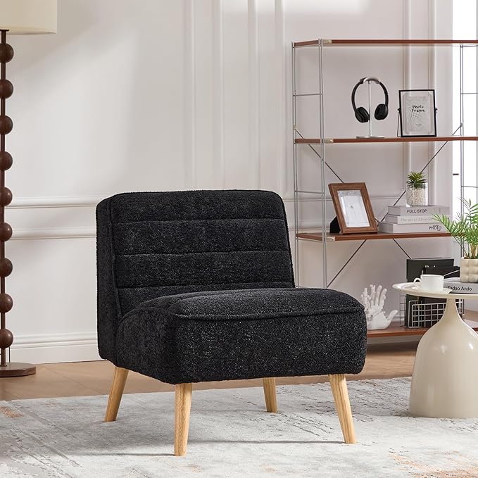 GDFStudio 24.4 Wide Modern Accent Chair Armless Upholstered Lounge Chair with Chenille Fabric &amp Rubber Wood Legs Compact Space-Saving Design for Living Room Bedroom Office - Black