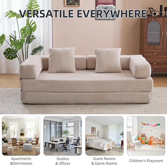 Convertible Folding Sleeper Sofa Bed Corduroy Floor Sofa Fold Out Couch with Pillows King Size Bed Futon Couch Foldable Memory Foam Mattress for Living Room Bedroom Playroom